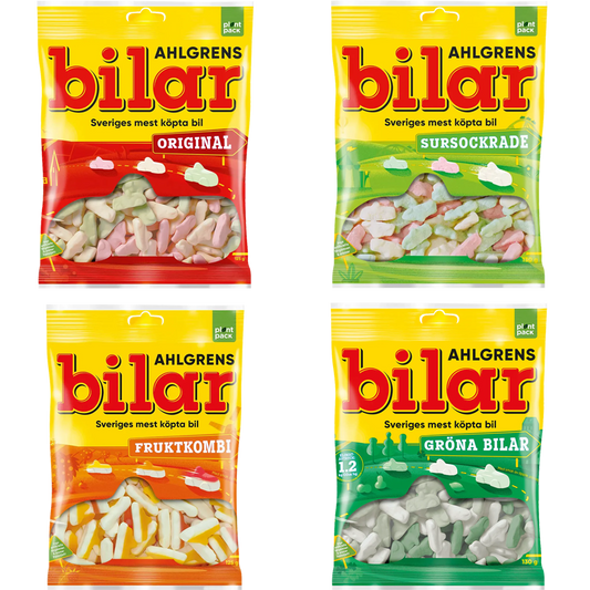 Ahlgrens Bilar Bundle 4-Pack – a set of Sweden’s iconic car-shaped gummy candy in multiple flavors.