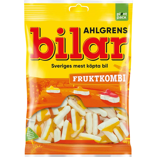 Ahlgrens Bilar Fruktkombi is a Swedish candy featuring fruit-flavored, car-shaped gummies with a soft texture.