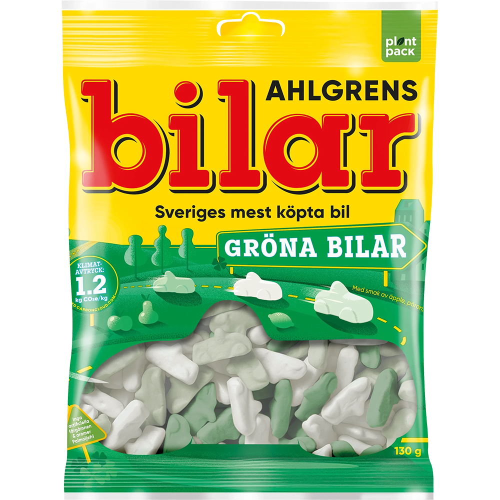 Ahlgrens Gröna Bilar, featuring soft, green car-shaped gummies.