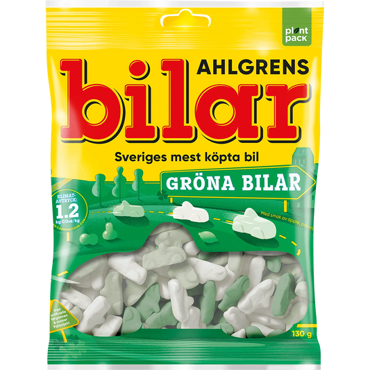 Ahlgrens Gröna Bilar, featuring soft, green car-shaped gummies.