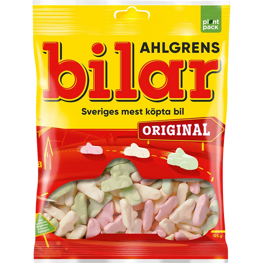 Ahlgrens Bilar Original 125g, featuring the classic Swedish candy known for its chewy texture and pastel-colored cars.