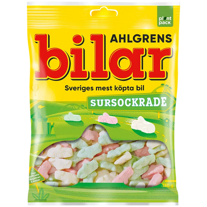 Ahlgrens Bilar Sursockrade 130g – a tangy twist on Sweden’s iconic car-shaped gummy candy, coated in sour sugar.