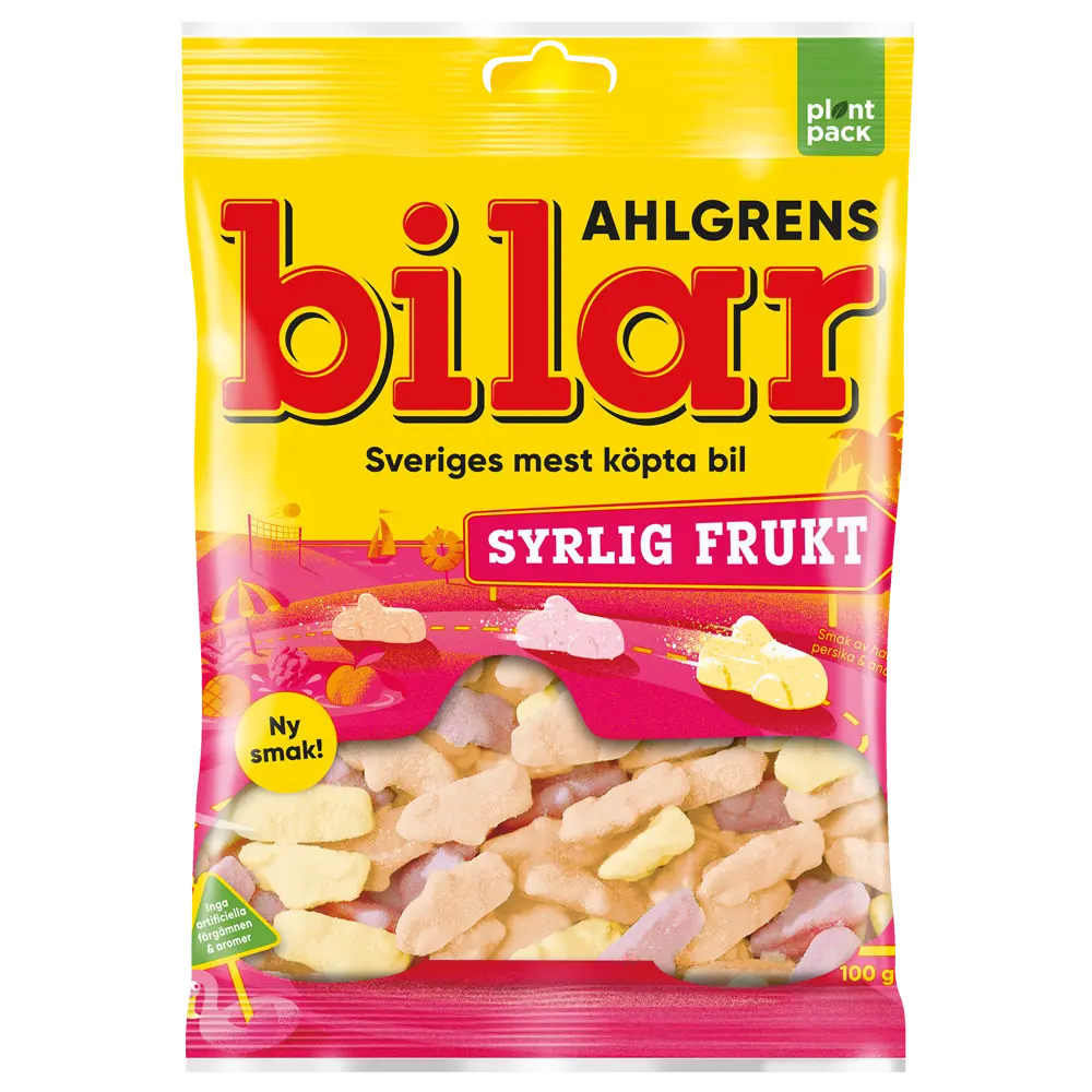 Ahlgrens Bilar Syrlig Frukt 100g – a bag of Swedish candy featuring sour, fruity car-shaped gummies.