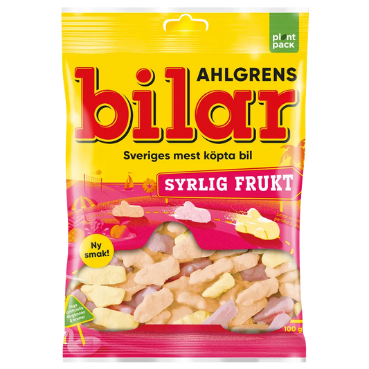 Ahlgrens Bilar Syrlig Frukt 100g – a bag of Swedish candy featuring sour, fruity car-shaped gummies.