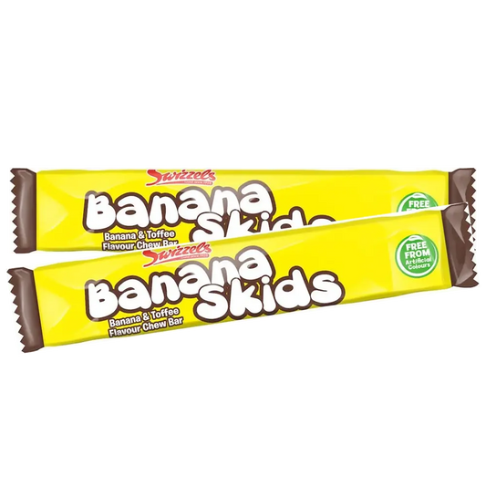 Display of Banana Skids, a playful Swedish candy featuring chewy, banana-flavored treats in unique, fun shapes.