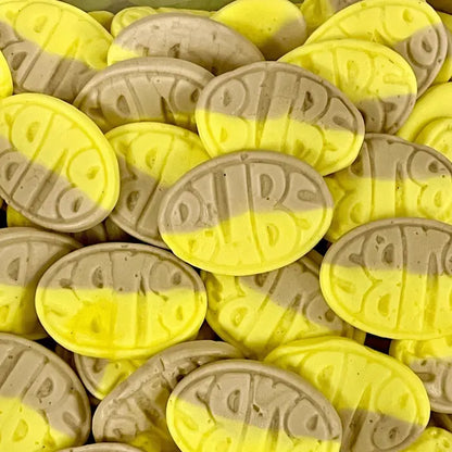 Bubs Banana Ovals are Swedish candy gummies with a soft, chewy texture and a sweet banana flavor.