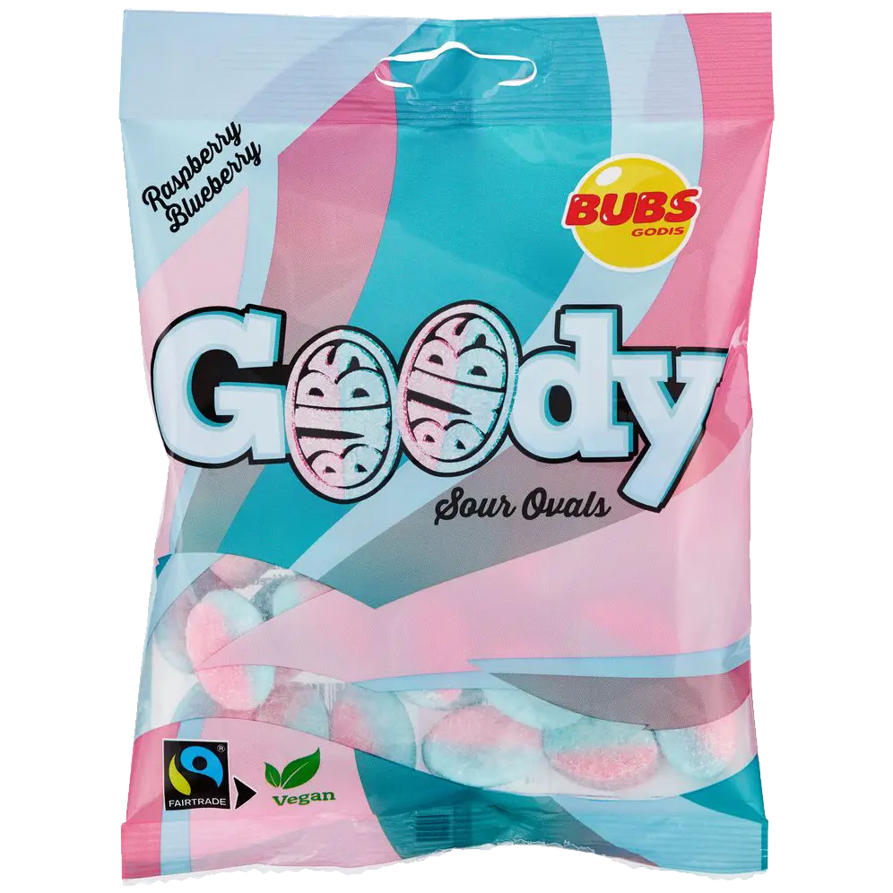 Goody Raspberry Blueberry by Bubs, featuring chewy Swedish sweets with a fruity berry blend.