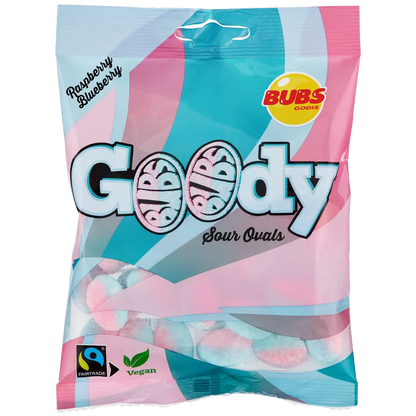 Goody Raspberry Blueberry by Bubs, featuring chewy Swedish sweets with a fruity berry blend.