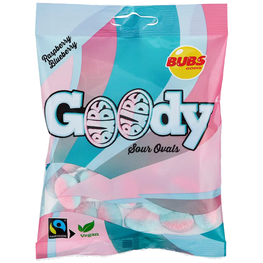 Goody Raspberry Blueberry by Bubs, featuring chewy Swedish sweets with a fruity berry blend.