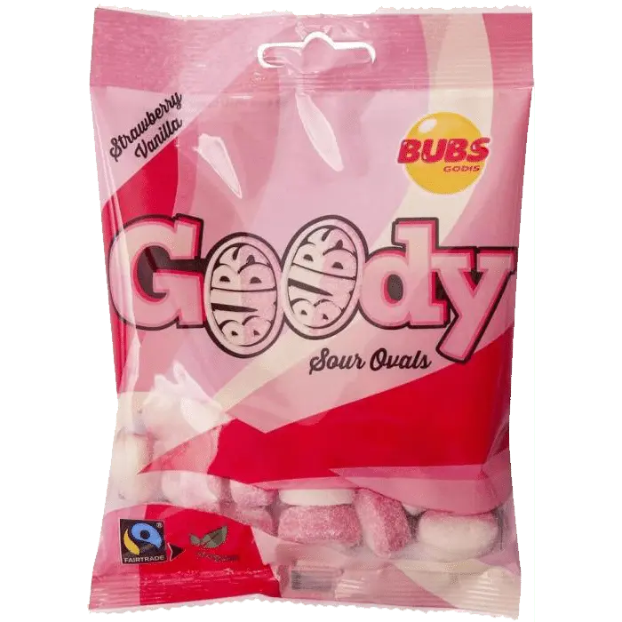 Goody Sour Strawberry Vanilla Display by Bubs – a unique Swedish candy mix blending tangy strawberry and sweet vanilla in a chewy treat.