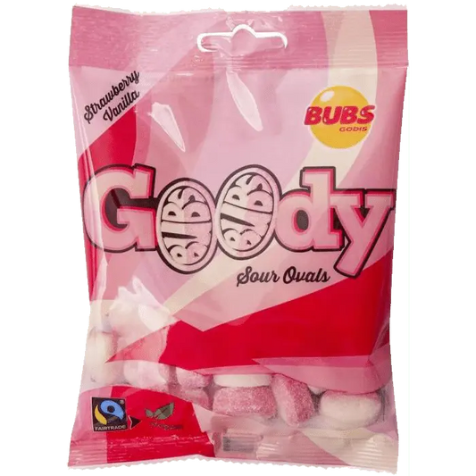 Goody Sour Strawberry Vanilla Display by Bubs – a unique Swedish candy mix blending tangy strawberry and sweet vanilla in a chewy treat.