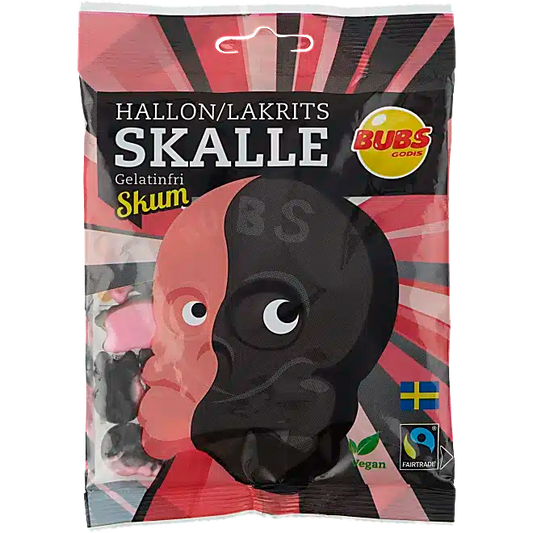 Bubs Hallon Lakrits Skalle is a Swedish candy that blends sweet raspberry with salty licorice in skull-shaped gummies.