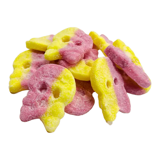 Bubs Raspberry Lemon Skulls are Swedish candy gummies blending tangy lemon with sweet raspberry in a fun skull shape.