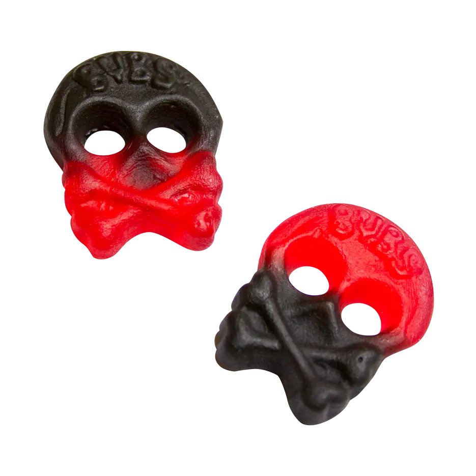 Bubs Raspberry Licorice Skull – a chewy Swedish candy featuring a tangy raspberry and licorice flavor in a fun skull shape.