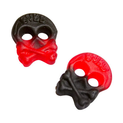 Bubs Raspberry Licorice Skull – a chewy Swedish candy featuring a tangy raspberry and licorice flavor in a fun skull shape.