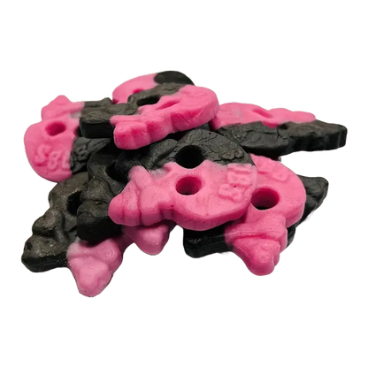 Bubs Raspberry Licorice Skull is a chewy Swedish candy combining tangy raspberry and salty licorice flavors in a fun skull shape.