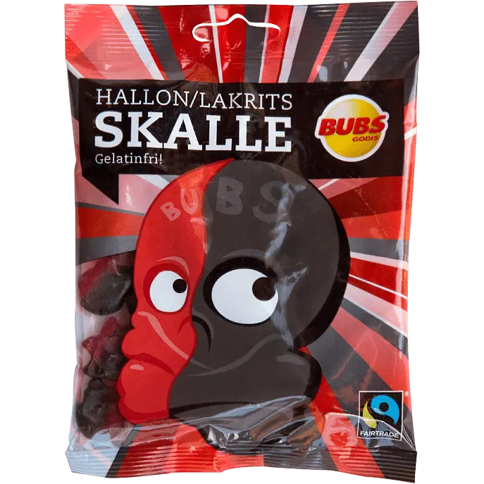 Bubs Raspberry Licorice Skull – a Swedish candy featuring a combination of tangy raspberry and bold licorice flavors in a skull shape.