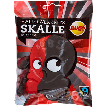 Bubs Raspberry Licorice Skull – a Swedish candy featuring a combination of tangy raspberry and bold licorice flavors in a skull shape.