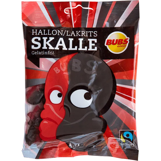 Bubs Raspberry Licorice Skull – a Swedish candy featuring a combination of tangy raspberry and bold licorice flavors in a skull shape.