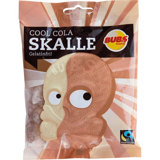 Bubs Skalle Cool Cola, offering fun, skull-shaped gummies with a bold cola flavor in a vibrant Swedish candy assortment.