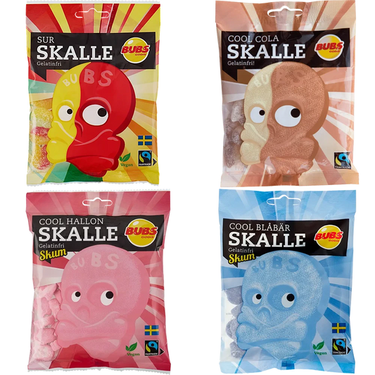 Bubs Skulls Bundle 4-Pack – a collection of Swedish candy featuring the iconic skull-shaped sweet and sour gummies.