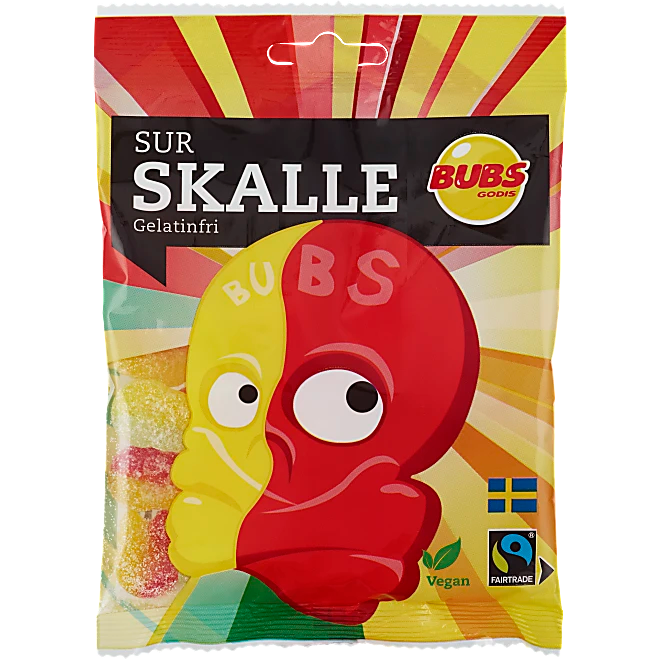 Mini Sour Skulls by Bubs, featuring chewy Swedish gummies with a sour kick and playful skull shapes.