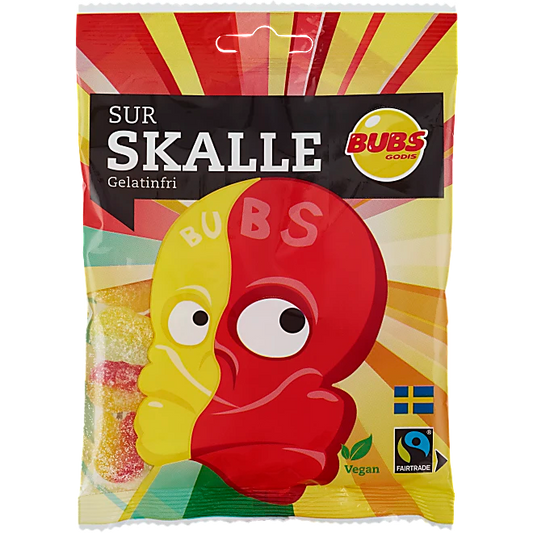 Mini Sour Skulls by Bubs, featuring chewy Swedish gummies with a sour kick and playful skull shapes.