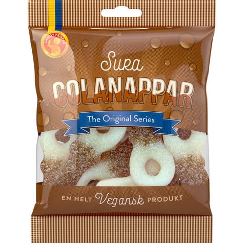 Colanappar Sura by Candy People, chewy Swedish candy with a tangy cola flavor and sour coating.