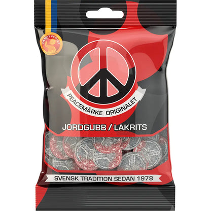 Jordgubb Lakrits by Peacemärke, chewy Swedish sweets with a mix of strawberry and licorice.