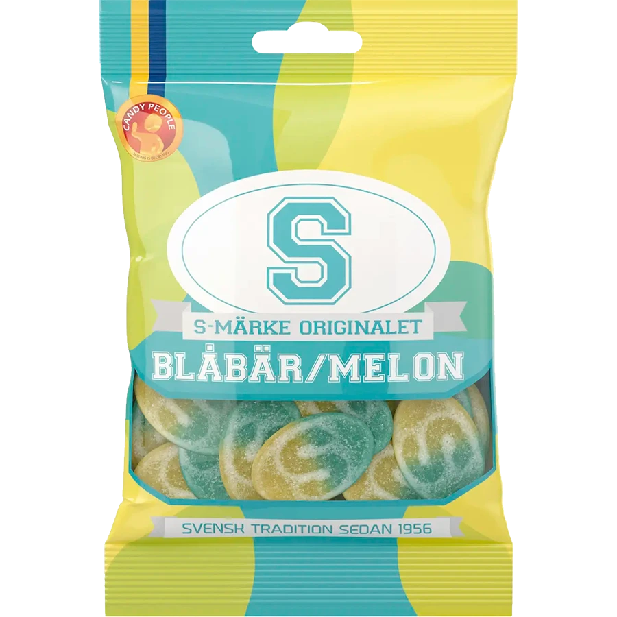 Candy People S-Märke Blåbär – a pack of Swedish candy featuring blueberry-flavored sour gummies with a sugar coating.