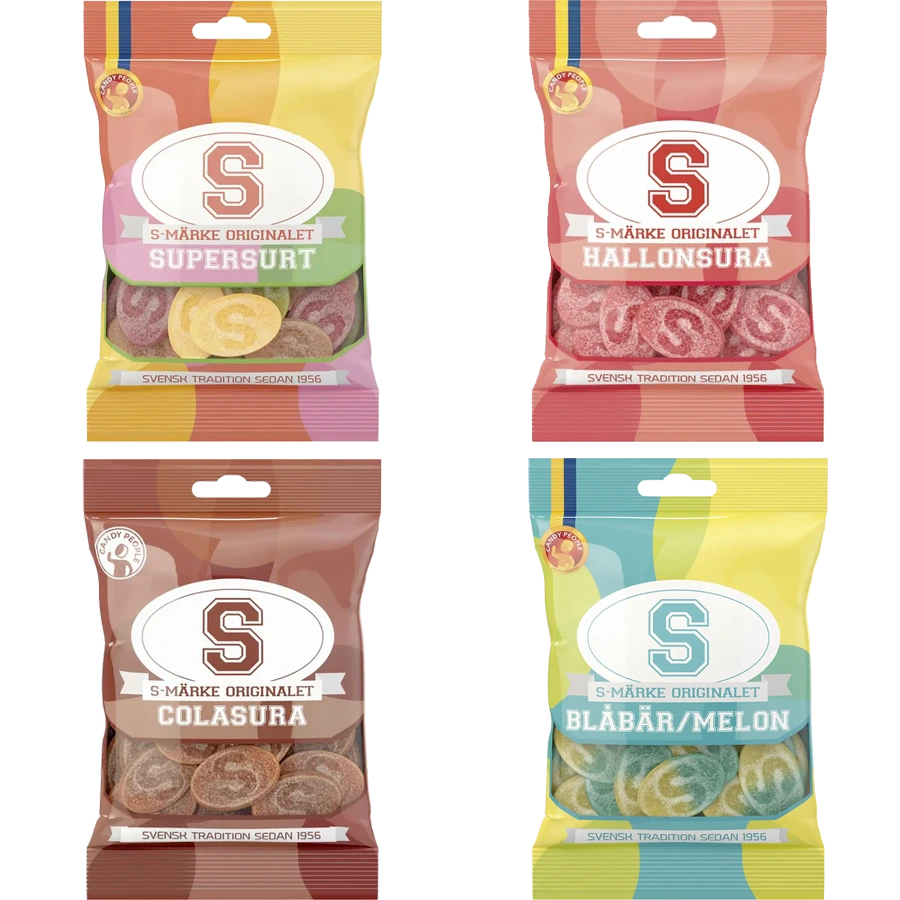 Candy People S-Märke Bundle 4-Pack – a collection of Swedish candy featuring the iconic sour and sweet S-Märke gummies.