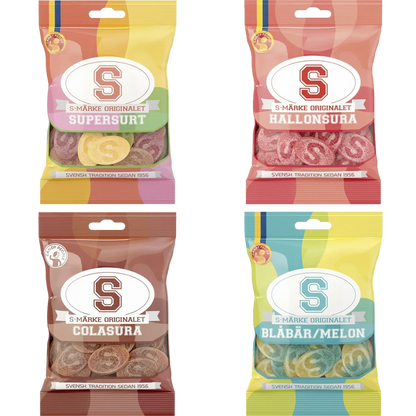 Candy People S-Märke Bundle 4-Pack – a collection of Swedish candy featuring the iconic sour and sweet S-Märke gummies.