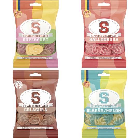 Candy People S-Märke Bundle 4-Pack – a collection of Swedish candy featuring the iconic sour and sweet S-Märke gummies.