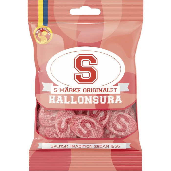 S-Märke Hallonsura by Candy People, tangy raspberry-flavored Swedish candy.