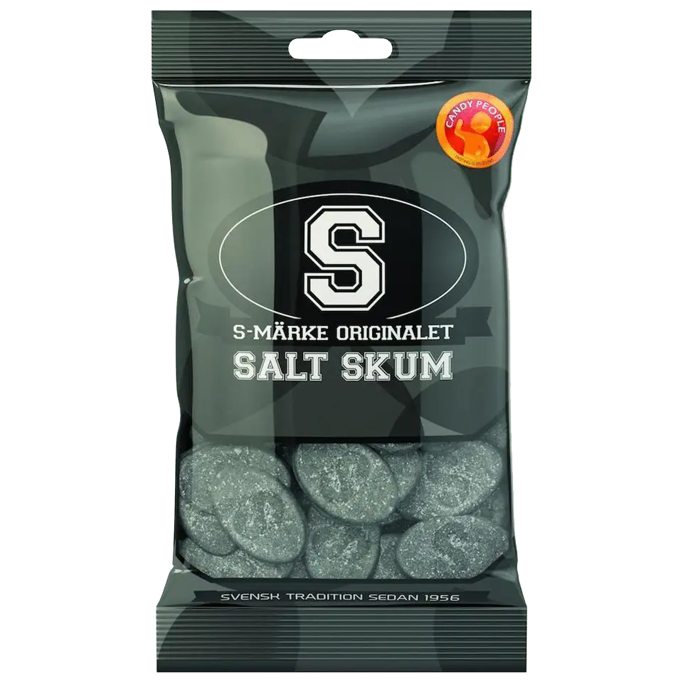 Candy People S-Märke Salt Skum – Swedish candy featuring soft, marshmallow-like sweets with a salty twist in iconic shapes.