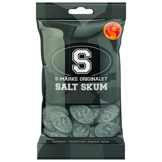 Candy People S-Märke Salt Skum – Swedish candy featuring soft, marshmallow-like sweets with a salty twist in iconic shapes.