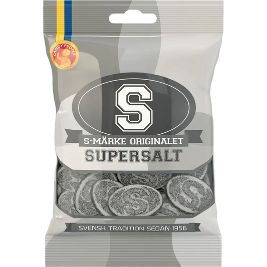 Display of Candy People S-Märke Supersalt, a bold Swedish candy with an intense sour and salty flavor in chewy gummy form.