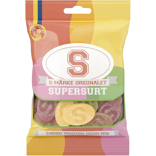 Candy People S-Märke Supersurt – an ultra-sour Swedish candy featuring chewy gummies with a bold and tangy flavor.