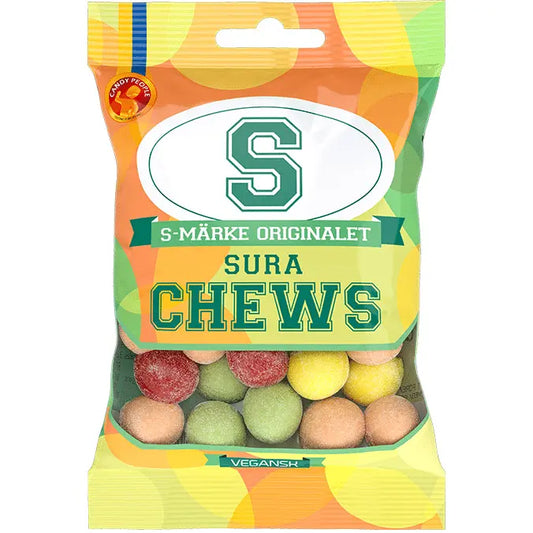 S-Märke Sura Chews by Candy People, featuring soft, sour Swedish gummies with fruity flavors.