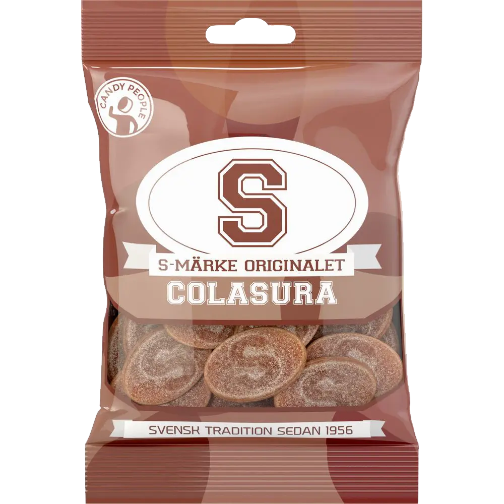 S-Märken Colasura by Candy People, tangy cola Swedish gummies.