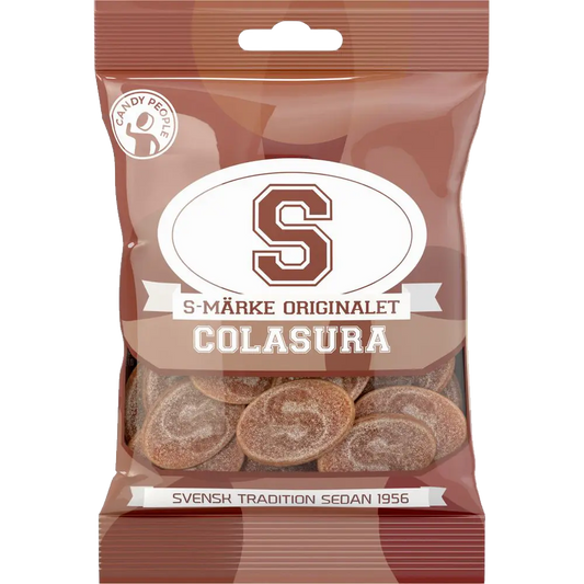 S-Märken Colasura by Candy People, tangy cola Swedish gummies.