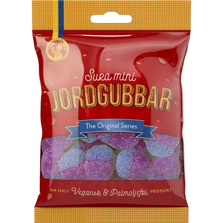 A bag of Candy People Sura Mini Jordgubbar, featuring tangy, sugar-coated mini strawberry gummies made with vegan ingredients.