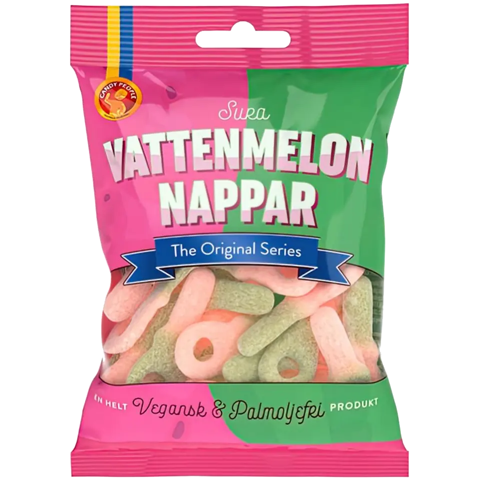 Candy People Vattenmelon Nappar Sura – Swedish candy with sour watermelon gummy rings.