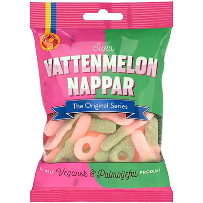 Candy People Vattenmelon Nappar Sura – Swedish candy with sour watermelon gummy rings.