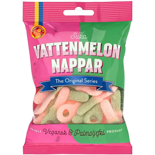 Candy People Vattenmelon Nappar Sura – Swedish candy with sour watermelon gummy rings.