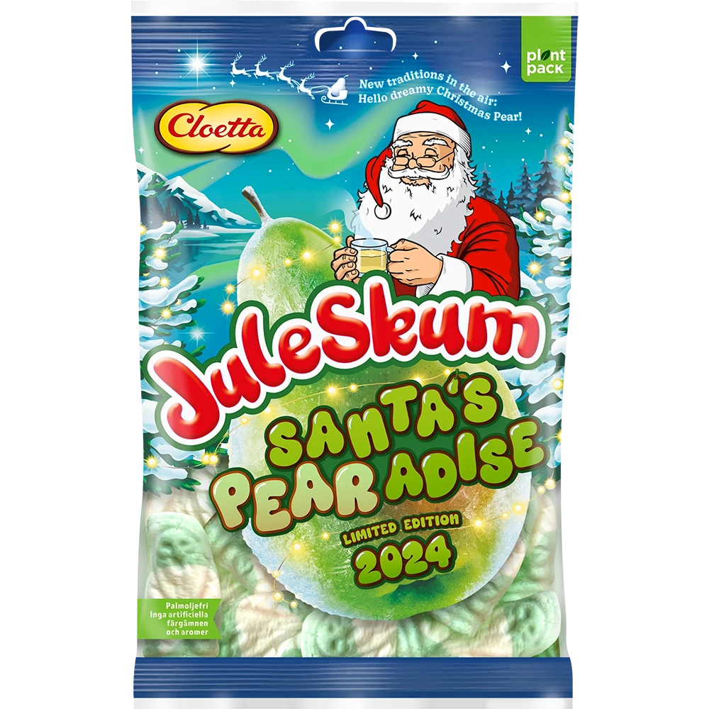 Cloetta Juleskum Santa’s Pearadise – a limited-edition Swedish Christmas candy featuring soft marshmallow Santas with a sweet pear flavor.