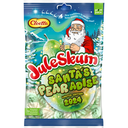 Cloetta Juleskum Santa’s Pearadise – a limited-edition Swedish Christmas candy featuring soft marshmallow Santas with a sweet pear flavor.