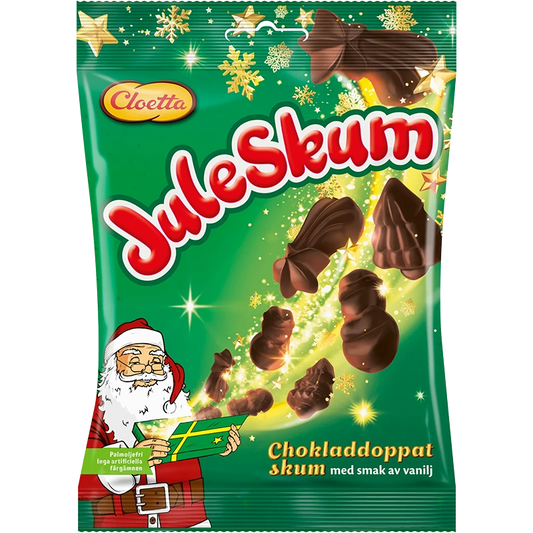 Cloetta Juleskum Chokladdoppat – Swedish Christmas marshmallow Santas dipped in rich chocolate for a festive treat.