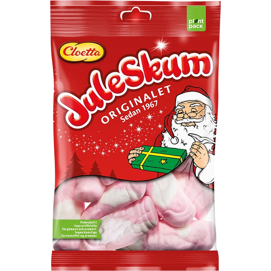 Cloetta Julskum – a classic Swedish Christmas candy featuring fluffy, strawberry-flavored marshmallow Santas.