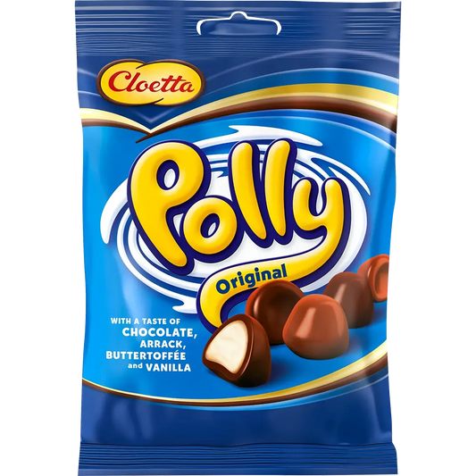 Cloetta Polly Original – a classic Swedish candy featuring soft and chewy chocolate-coated foam drops with vanilla and arrack flavors.